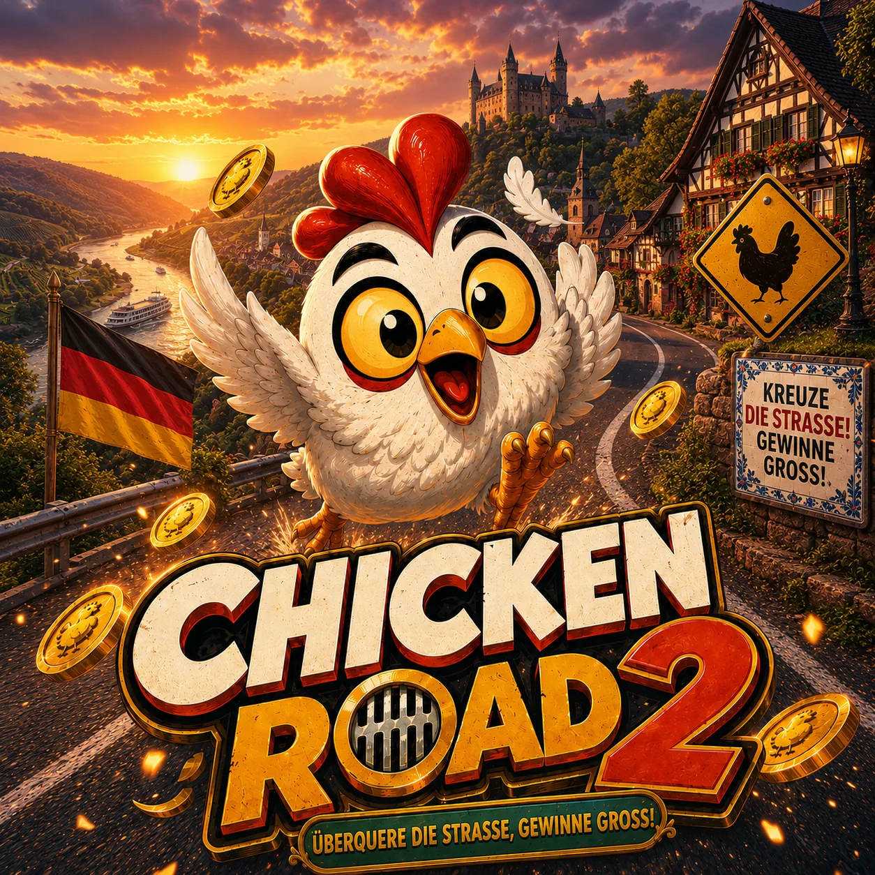 Alpenstraße mit Spielfeld, Huhn und deutschem Hinweisschild