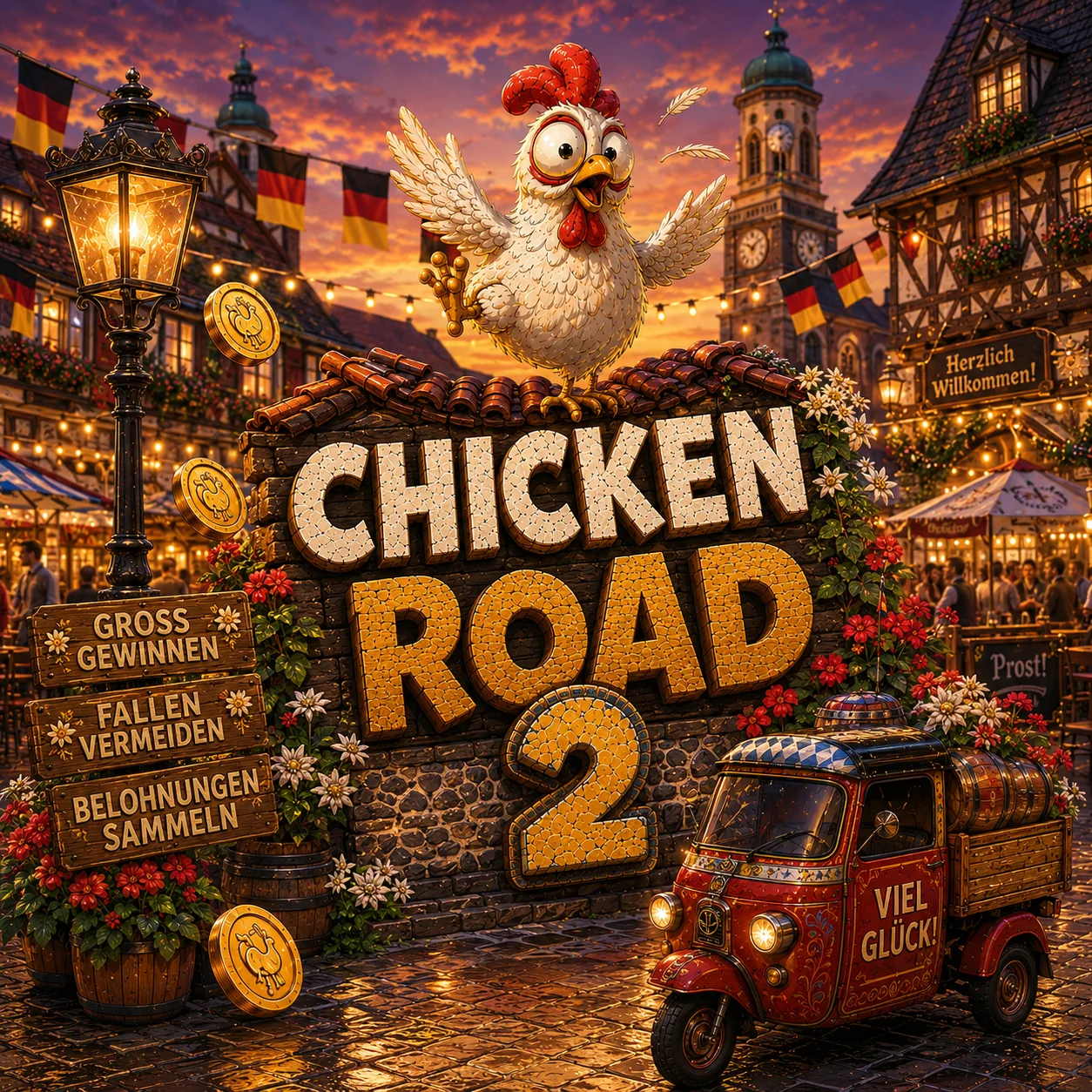 Casino-Szene in deutscher Altstadt mit Chicken-Road-2-Schild