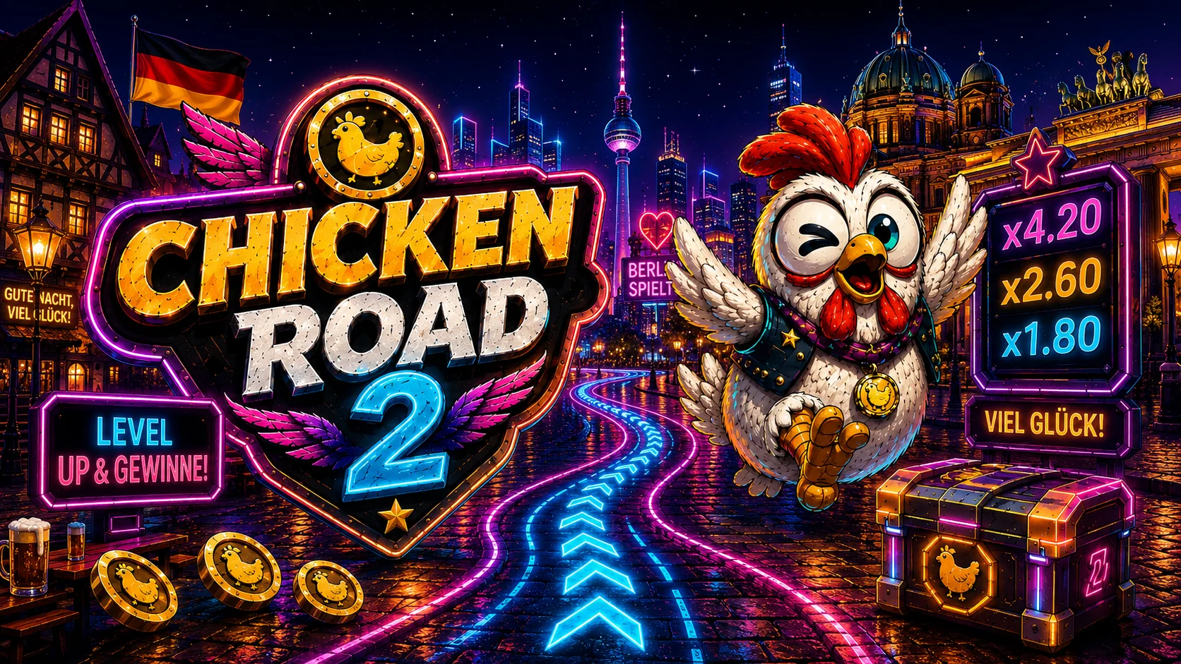 Neon-Straße mit Level-Anzeige und Spielfeldern