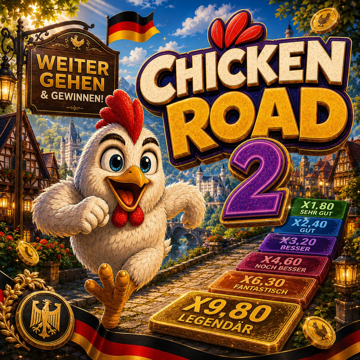 Spielfelder mit Huhn, Münzen und Gewinnhinweisen
