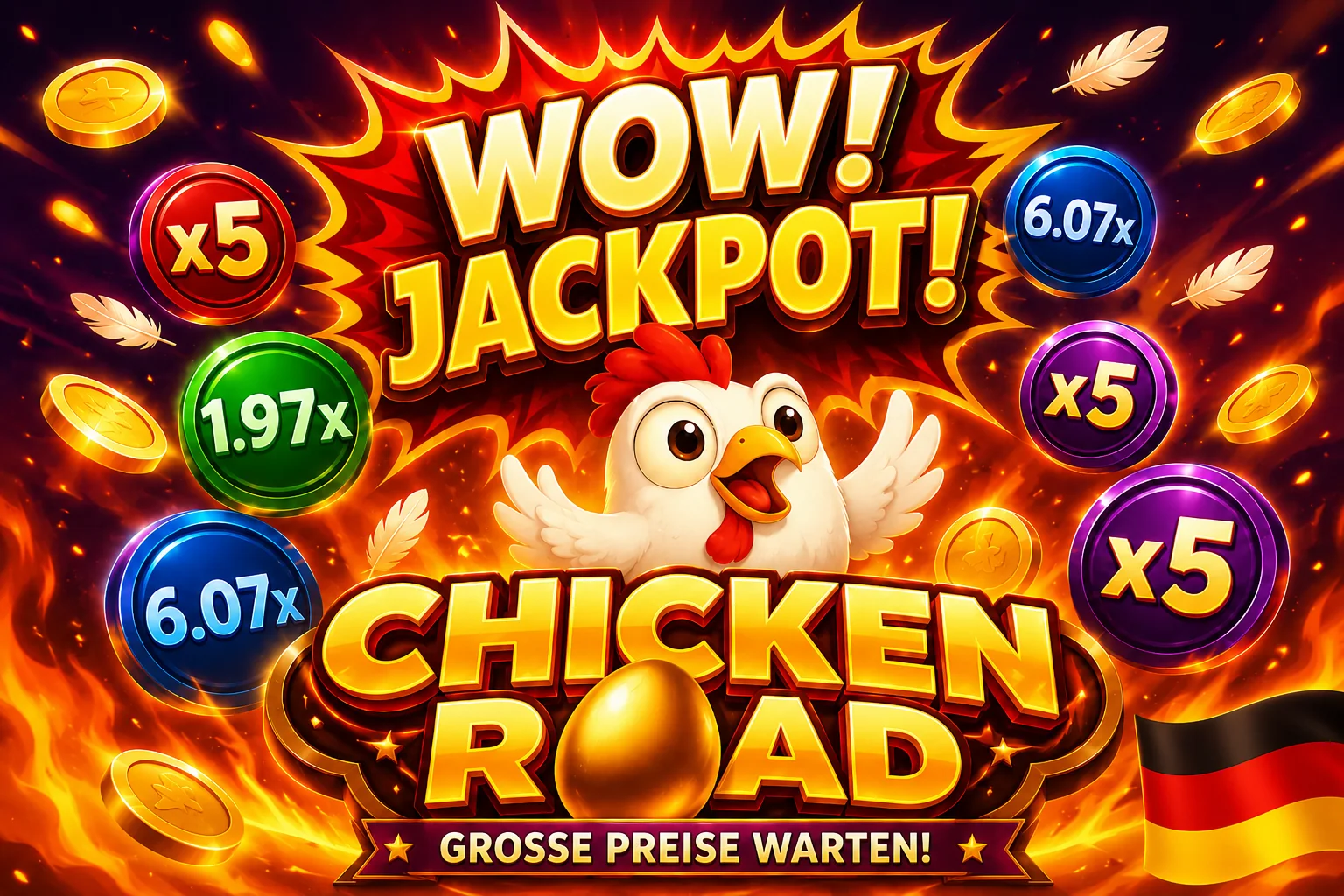 Jackpot-Banner mit Münzen, Multiplikatoren und deutscher Flagge