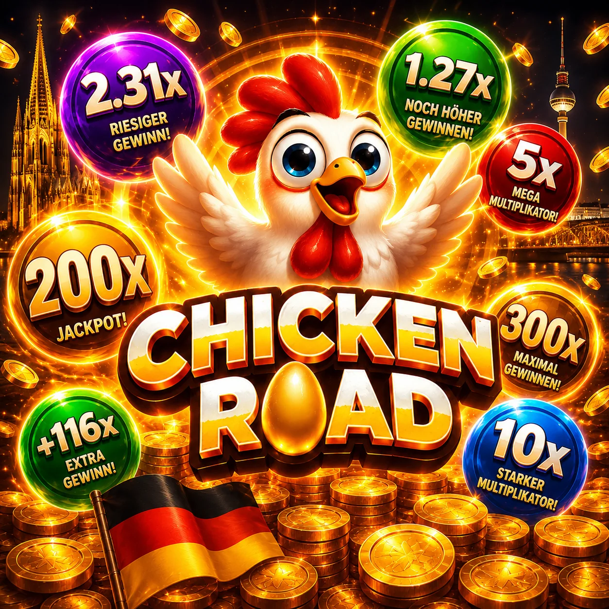 Mega-Jackpot-Grafik mit großen Multiplikatoren und Münzen